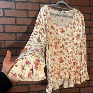 Vintage-Style Floral Long Sleeve Shirt with Frilled Hem and Sleeves